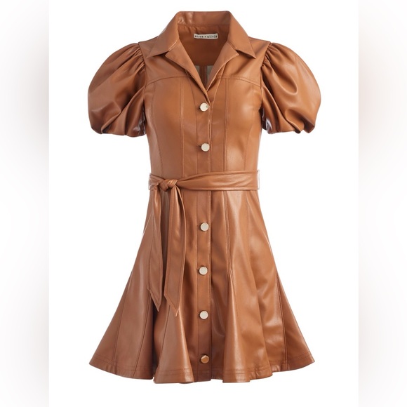 BNWOT Alice + Olivia Ofra Vegan Leather Belted Mini Dress Size 0 Camel - Picture 6 of 12